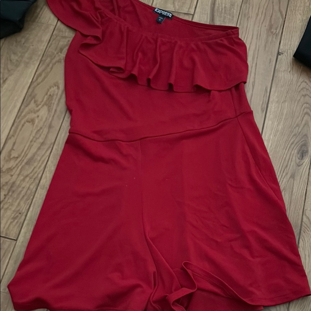 Express Red One-Shoulder Ruffle Jumpsuit